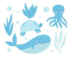 Set of sea animals and algae in flat style. Vector illustration. Hand drawn collection of cute sea animals. Whale, turtle, octopus and seaweed isolated on white background.