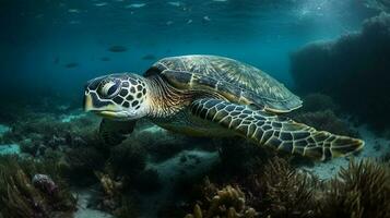 Sea turtle swimming with beautiful fish and it is very clear wide view photography AI Generated Image photo