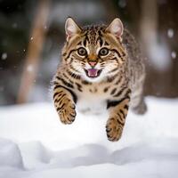 un leopardo gato saltos felizmente en el nieve fondo de pantalla ai generado imagen foto