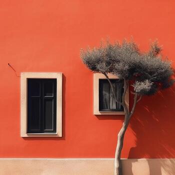 tree with a window is growing in front of a beautiful red house Image photo