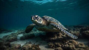 mar Tortuga nadando con hermosa pescado y eso es muy claro amplio ver fotografía ai generado imagen foto