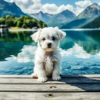 Photo of cute maltese puppy on pier in front of mountain lake AI Generated Photo