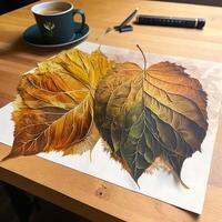 Realistic autumn red dry maple leaves drying on table AI Generated Image photo