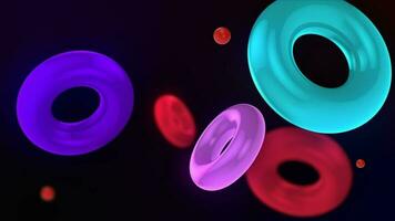 Abstract 3D background with colorful illuminated rings floating slowly. The rings float and collide smoothly. Floating Torus Loop Animation. Captivating Visuals in 4K. video