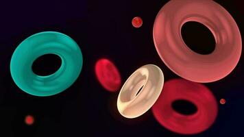 abstrait 3d Contexte avec coloré illuminé anneaux flottant lentement. le anneaux flotte et entrer en collision doucement. flottant torus boucle animation. captivant visuels dans 4k. video
