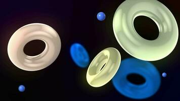 Abstract 3D background with colorful illuminated rings floating slowly. The rings float and collide smoothly. Floating Torus Loop Animation. Captivating Visuals in 4K. video