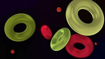 Abstract 3D background with colorful illuminated rings floating slowly. The rings float and collide smoothly. Floating Torus Loop Animation. Captivating Visuals in 4K. video