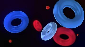 Abstract 3D background with colorful illuminated rings floating slowly. The rings float and collide smoothly. Floating Torus Loop Animation. Captivating Visuals in 4K. video