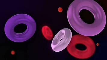 Abstract 3D background with colorful illuminated rings floating slowly. The rings float and collide smoothly. Floating Torus Loop Animation. Captivating Visuals in 4K. video