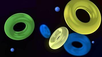 astratto 3d sfondo con colorato illuminato anelli galleggiante lentamente. il anelli galleggiante e si scontrano senza intoppi. galleggiante toro ciclo continuo animazione. travolgente immagini nel 4k. video