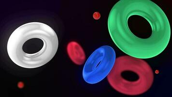 Abstract 3D background with colorful illuminated rings floating slowly. The rings float and collide smoothly. Floating Torus Loop Animation. Captivating Visuals in 4K. video