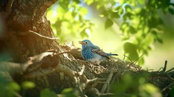 un bonito grasa azul pájaro haciendo un nido bajo en el ramas de un olmo árbol ai generado imagen foto