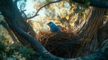 A Nice fat blue bird making a nest low in the branches of an elm tree AI Generated Image photo