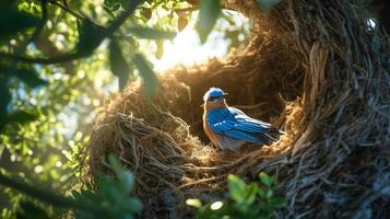 un bonito grasa azul pájaro haciendo un nido bajo en el ramas de un olmo árbol ai generado imagen foto