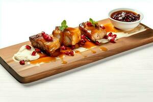 Pork belly braaivleis with mango and chili sauce served on a wooden plank. Restaurant food concept by AI Generated photo