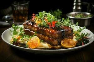 A delicious crispy pork belly fancy on plate. Restaurant food and asian cuisine concept by AI Generated photo