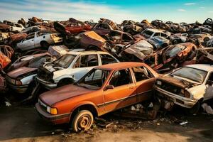 oxidando antiguo basura carros con ambiente contaminación en depósito de chatarra para reciclaje. abandonado coche residuos concepto por ai generado foto