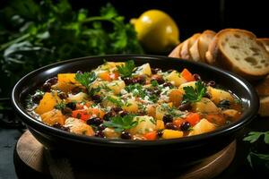 A delicious minestrone soup food in a bowl. Italian food and healthy protein soup meal concept by AI Generated photo