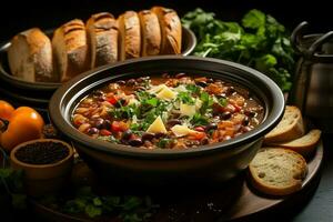 A delicious minestrone soup food in a bowl. Italian food and healthy protein soup meal concept by AI Generated photo