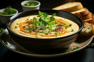 A delicious vegetables soup food in a bowl. Winter food and high protein soup meal concept by AI Generated photo