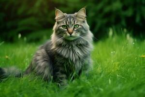 linda gato Mira a el lado y sentado en el jardín o césped. gato en naturaleza hábitat. gato día concepto por ai generado foto