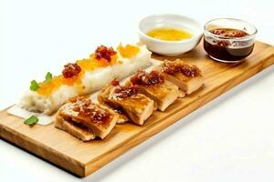 Pork belly braaivleis with mango and chili sauce served on a wooden plank. Restaurant food concept by AI Generated photo