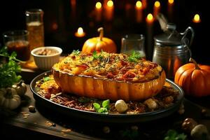 Thanksgiving day meal with pie, pumpkin, oranges, or roasted chicken in oven form. Thanksgiving food concept by AI Generated photo
