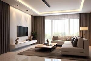 Modern apartment interior in living or bedroom design with working table, furniture, and bookshelf. Luxury home scandinavian concept by photo