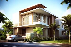 Beautiful modern house exterior with carport. Modern residential district and minimalist building concept by photo
