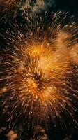 hermosa Fuegos artificiales espectáculo con paisaje urbano a noche para celebracion contento nuevo año. Fuegos artificiales monitor concepto por ai generado foto