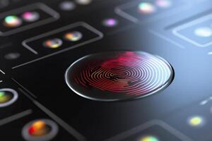 Fingerprint Authentication Button. Biometric Security. Identification and cyber security concept. Glowing neon fingerprint on dark background. photo