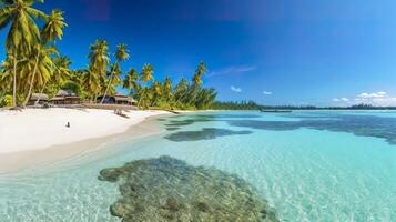 tropical paraíso playa con blanco arena y cristal claro azul agua. hermosa natural verano vacaciones Días festivos antecedentes. viaje turismo amplio panorama antecedentes concepto. ai generativo foto