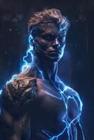 A man in a metal body with blue eyes looking at lightning. photo
