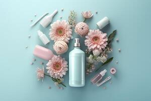 Fresh floral skincare concept. Top view flat lay of pump bottle, pipette, cream bottles, and tubes with flowers on pastel blue background with an empty circle for text or branding. photo
