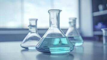 A Science Beaker in the laboratory on a table white and light blue background. laboratory equipment out of focus. photo