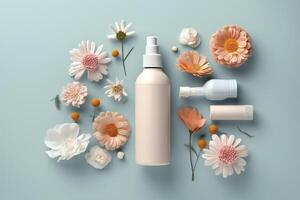 Fresh floral skincare concept. Top view flat lay of pump bottle, pipette, cream bottles, and tubes with flowers on pastel blue background with an empty circle for text or branding. photo