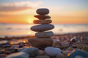 pebbles stacked on the beach with sunset in the background. AI Generative photo