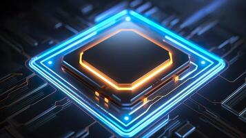 Top View of a Chip with Glowing Light and Fog in Orange and Blue. photo