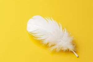 Close up of bright white feather. Copy space, yellow background. Fashion and Party concept. photo
