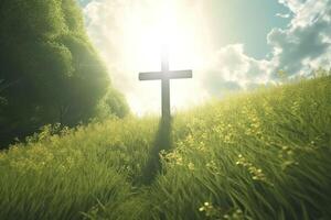 The cross of God with green Leaf, in the rays of the sun and blue sky. Cross on the hill with green trees and graeen natural view. Religious concept, AI Generative photo