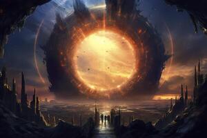 Portal to another world. Futuristic cosmic landscape with circle tunnel in starry sky. Gate in space futuristic background with galaxy and nebula. Created with photo