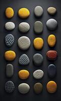 Some colorful stones are displayed, dark navy and yellow, photo