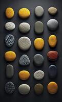 Some colorful stones are displayed, dark navy and yellow, AI Generative photo