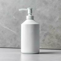 Cosmetic rounded all white soap bottle mockup on white table. AI Generative photo