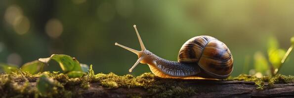 A Journey Through the Forest. Close-up of a Snail in the Forest with Natural Background. photo