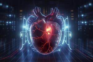 A GUI hologram of a futuristic human heart, holographic sci-fi interface, data lines, scales, and charts, cinematic, photo