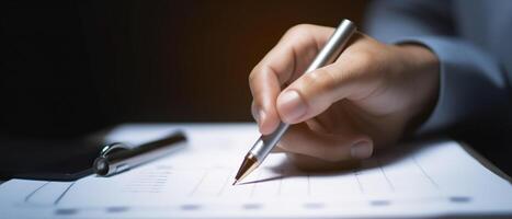 Businessman use pen to tick correct sign mark in checkbox for quality document control checklist and business approve project concept. photo