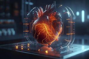 A GUI hologram of a futuristic human heart, holographic sci-fi interface, data lines, scales, and charts, cinematic, photo