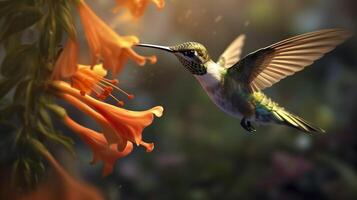 Hummingbird flying to pick up nectar from a beautiful flower. Digital artwork. photo