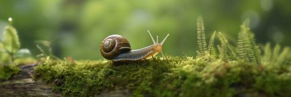 un viaje mediante el bosque. de cerca de un caracol en el bosque con natural antecedentes. ai generativo foto